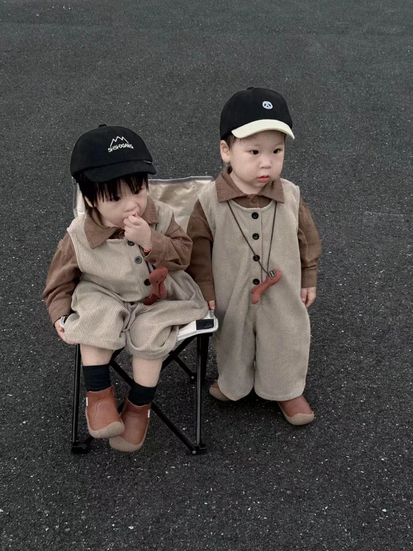 儿童灯芯绒套装2024秋季新款韩版宽松九分裤男女童衬衫背带裤休闲