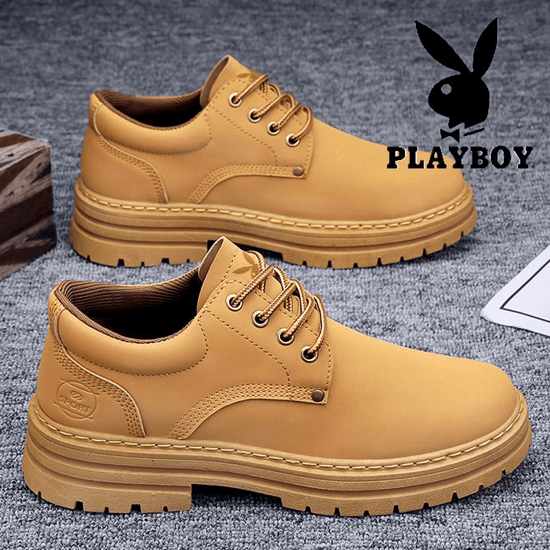 PLAYBOY男鞋冬季工装马丁靴男低帮大头皮鞋男鞋子男劳保鞋男款