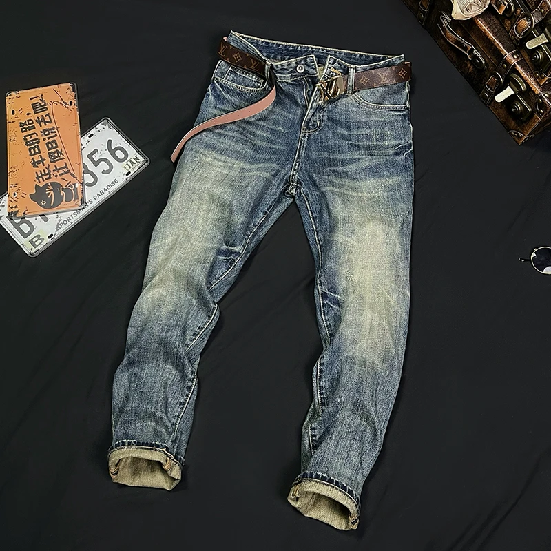 秋冬新款潮牌高端浅色牛仔裤男士弹力修身直筒长裤子复古休闲男裤