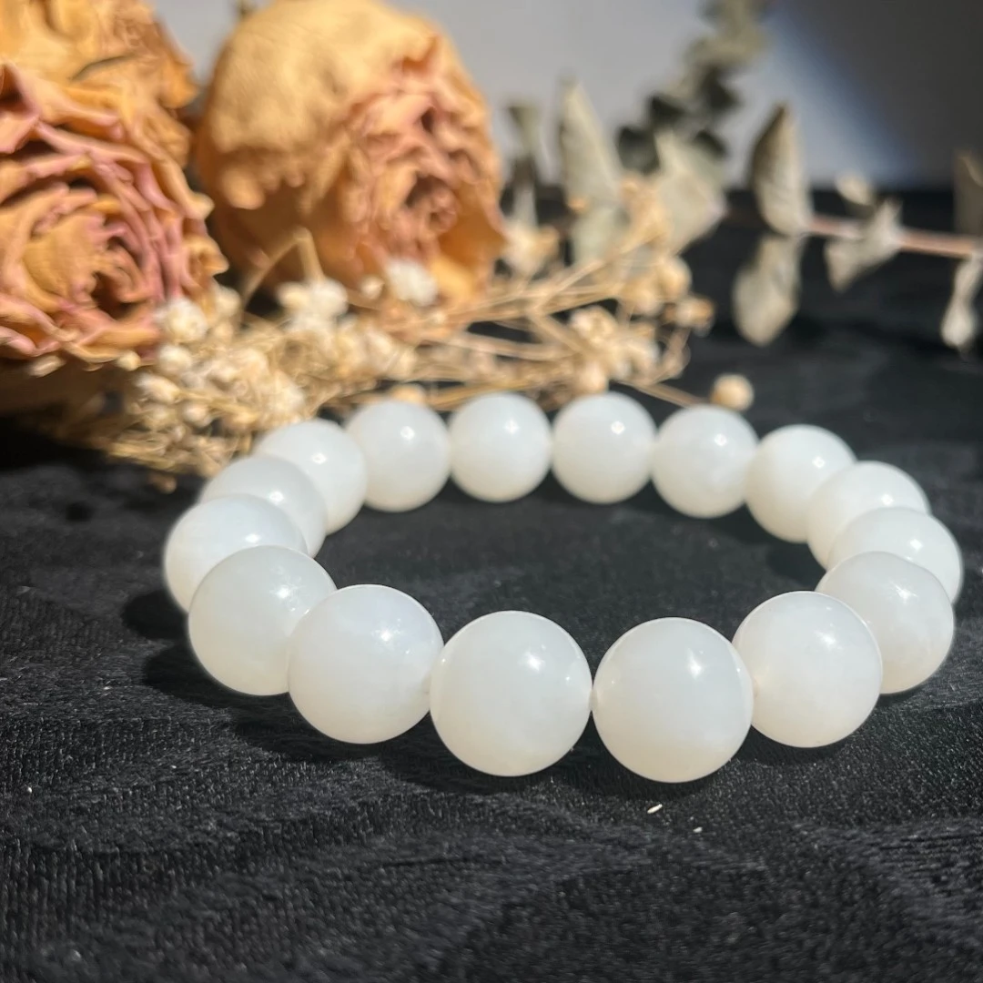 【藕玉珠宝】天然和田玉新疆羊脂白玉白色单圈手串12mm（多样性发货）