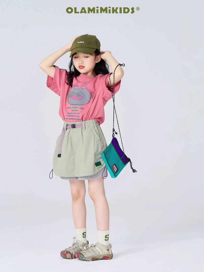 女童套装2024夏季新款中大童休闲拼色时尚短袖运动假两件短裤裙潮