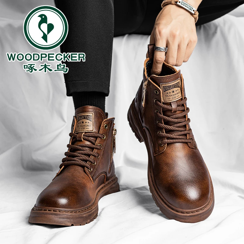 【正品啄木鸟】马丁靴男款百搭复古英伦风运动户外厚底高帮耐磨男靴
