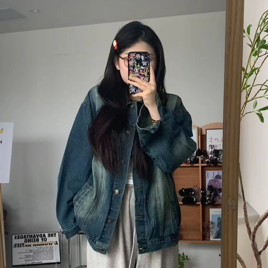 【鱼白专属】2024新款做旧磨破牛仔外套薄款宽松显瘦韩系慵懒风上衣