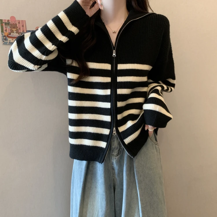 2024秋冬新款大码女装针织衫韩版200斤条纹双头拉链毛衣外套