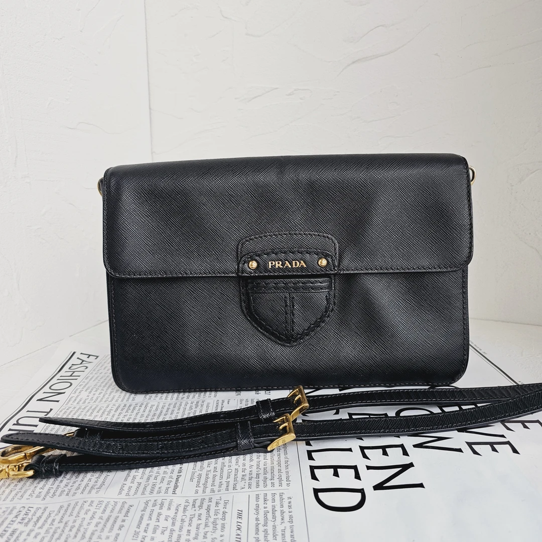 95新 Prada/普拉达 黑色牛皮单肩斜挎包/GG/9414268