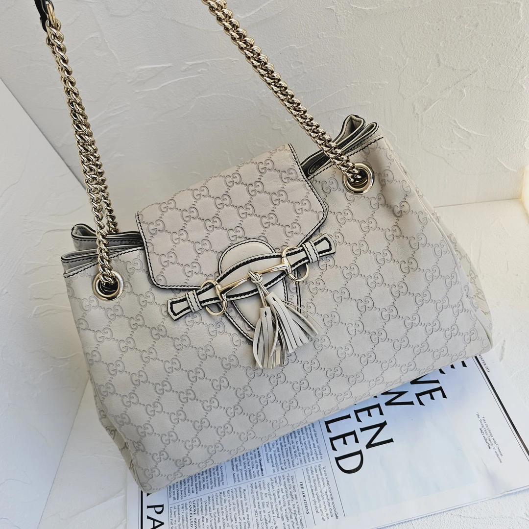 95新 GUCCI/古驰 Emily米白色牛皮压纹单肩托特包/GG/8343742