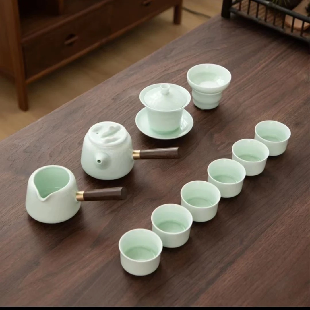 哥窑高档简约家用套装侧把壶侧把公道可悬停三才盖碗礼盒装茶具