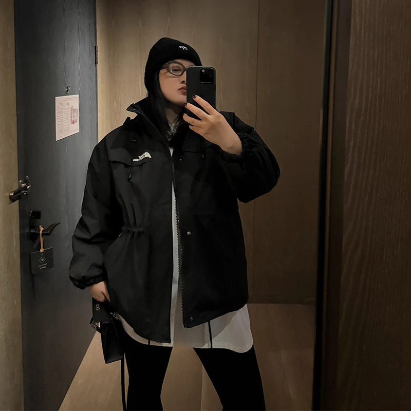 铅笔小鑫大码女装宽松可收腰夹棉防风工装外套秋冬胖MM长袖棉衣