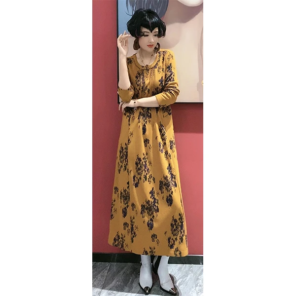 《紫荆花》72535 时尚显瘦气质复古高端提花洋气过膝中长款连衣裙