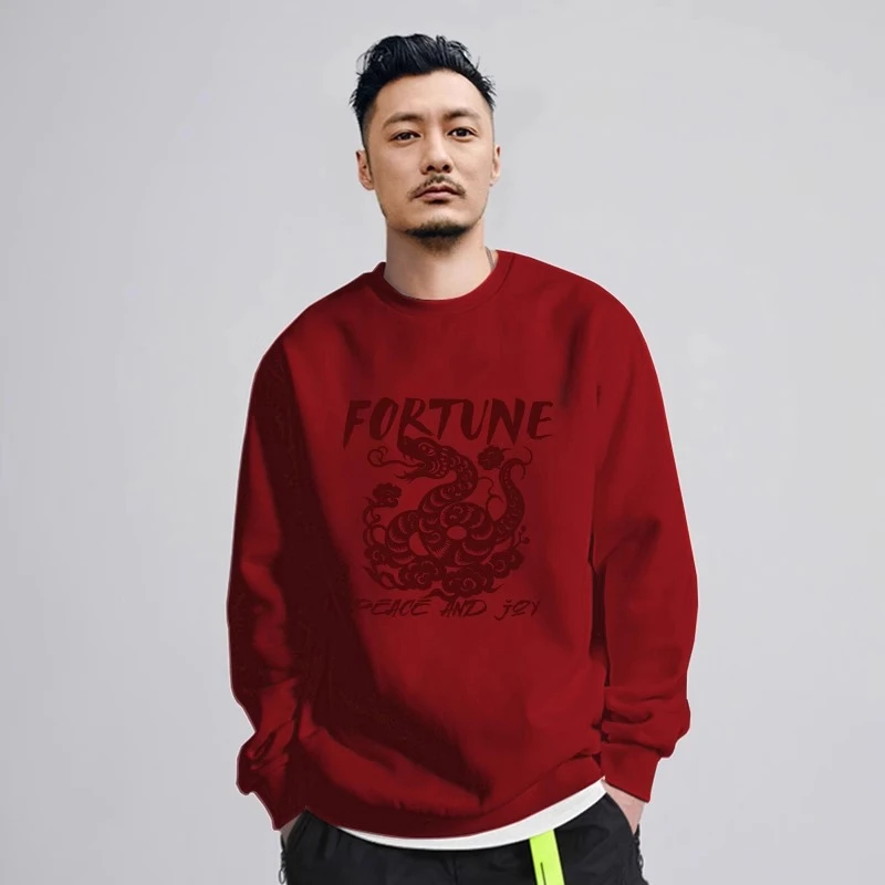 MrAC男装幸运舞蛇2025本命年卫衣男国潮原创宽松加绒保暖红色上衣