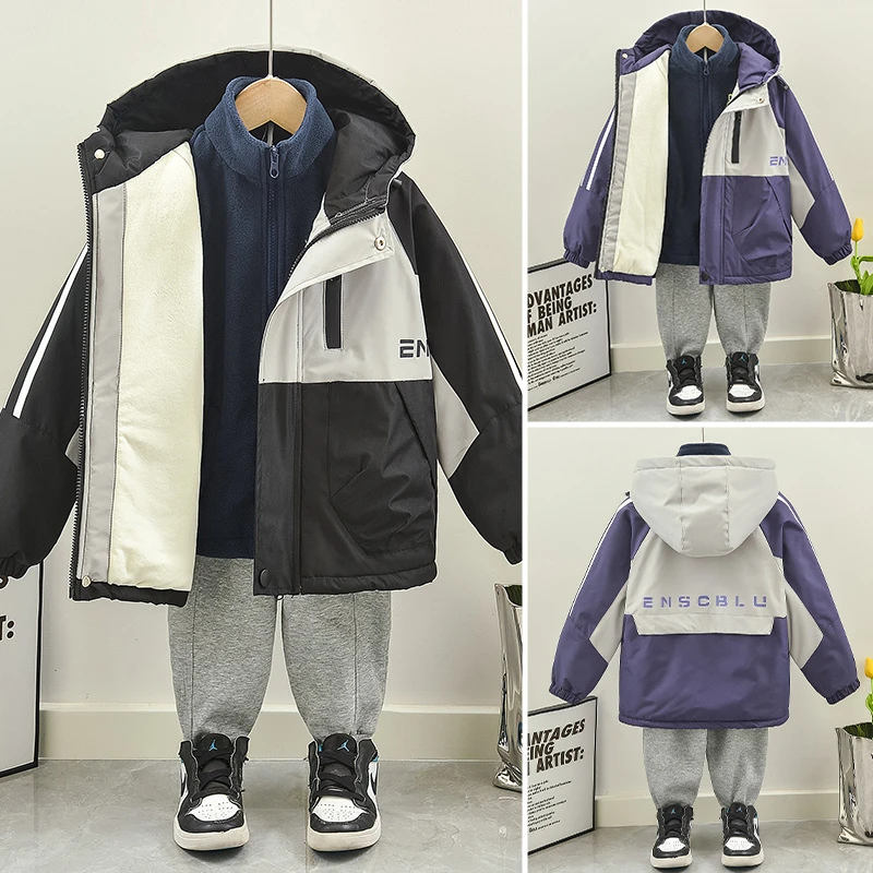 童装男童外套秋冬款2024新款两件套冲锋衣派克服宝宝加绒夹棉