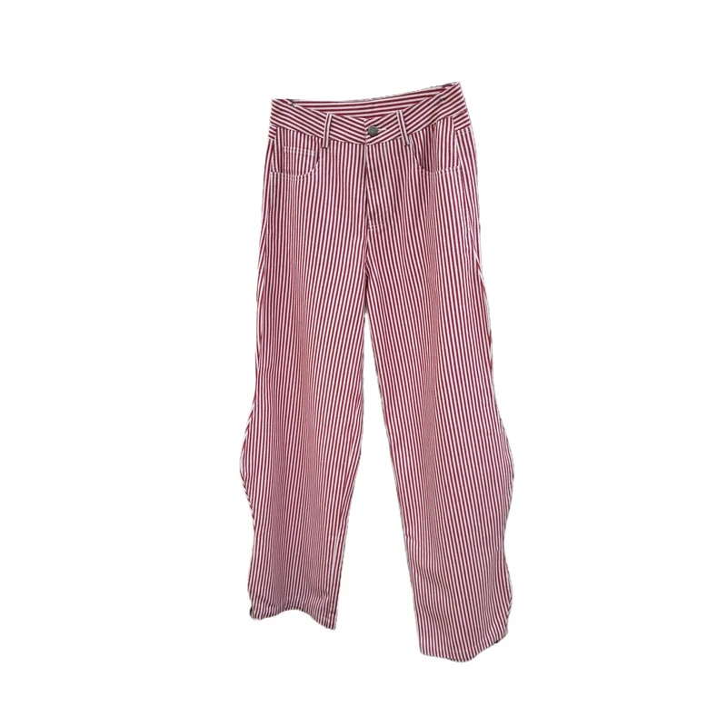 设计师红竖条纹波浪牛仔裤显瘦裤子阔腿裤休闲裤时尚女款百搭宽松