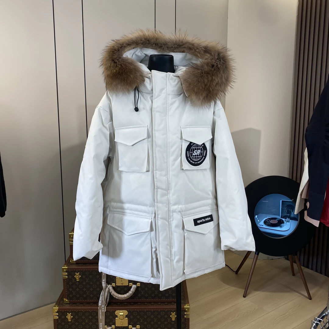 羽绒服小标三色连帽带毛毛潮流加厚中长款有抽绳韩版带帽秋冬