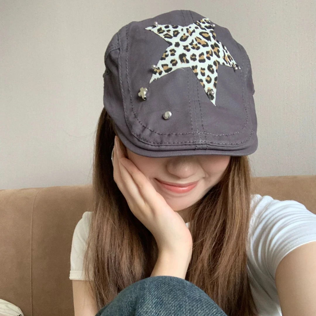日系y2k千禧豹纹五角星美式复古女辣妹前进帽显脸小潮个性设计款
