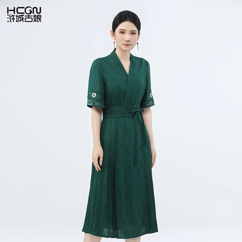 【100桑蚕丝】中式夏季轻薄舒适女刺绣收腰若灵提花连衣裙BCL17976