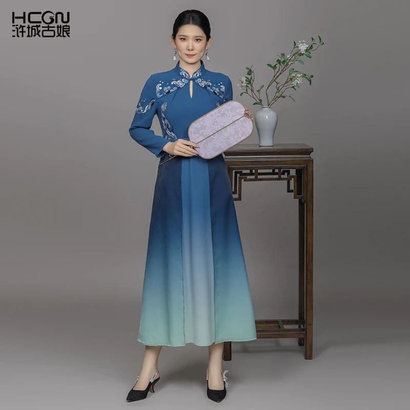 hcgn/浒城古娘醋酸缎面立领骊龙长袖女装连衣裙高端战袍22B17176