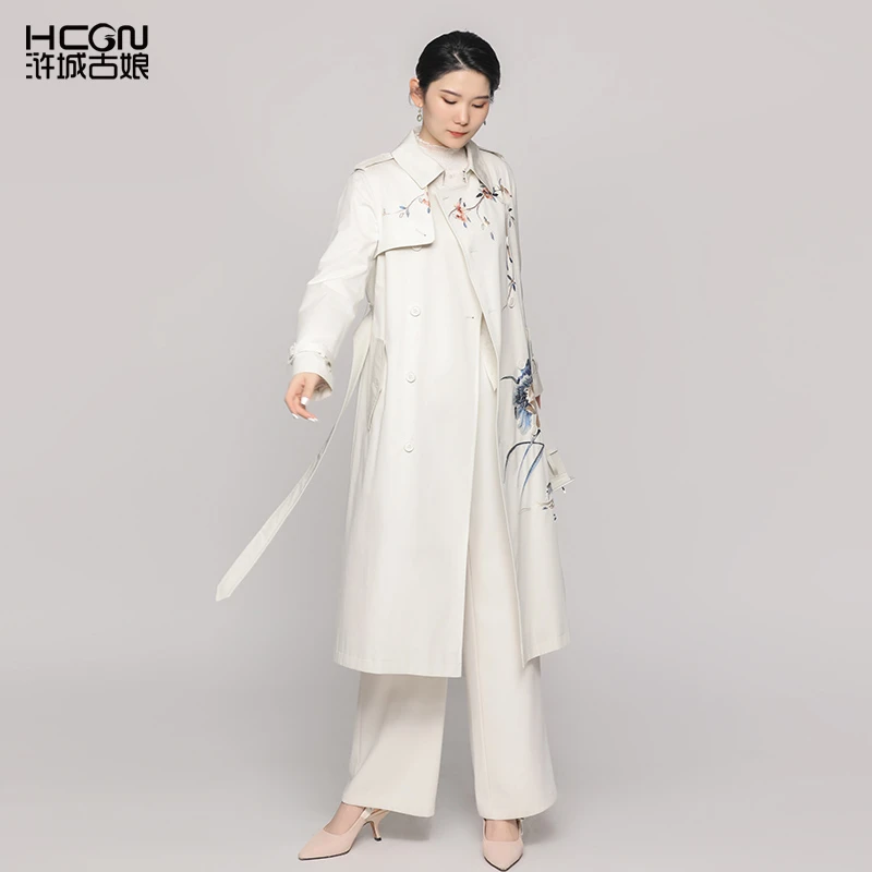 秋季国风百搭时尚精致重工刺绣中长款白色玉雪玲珑风衣CMT11333