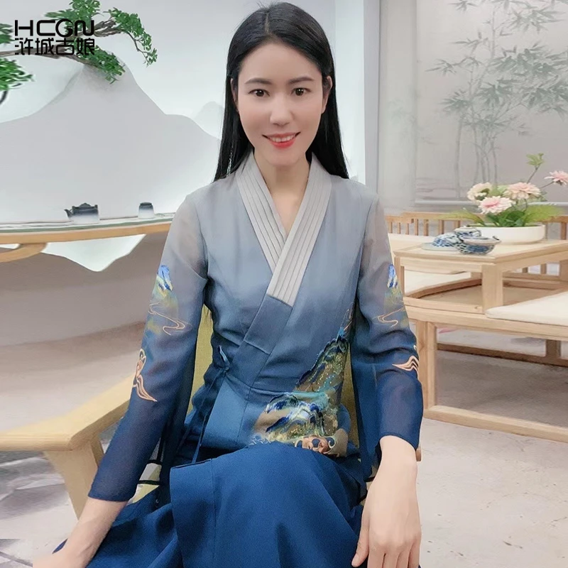 2023春季中国风重工刺绣渐变色气质女千里江山烟雨连衣裙22C11192