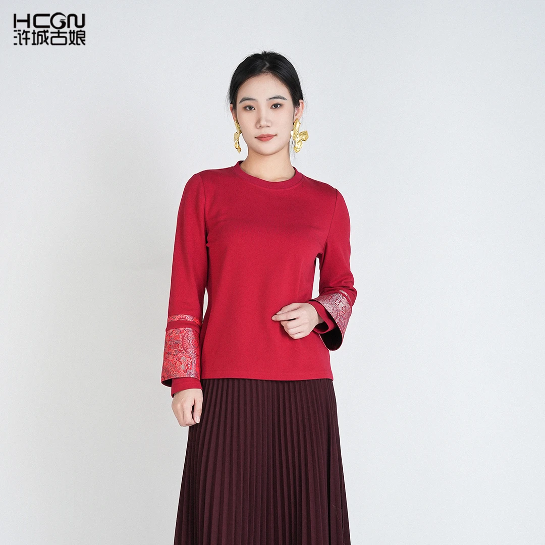 浒城古娘中国风秋棉质长袖圆领百搭女舒适保暖锦珩上衣HASS180009