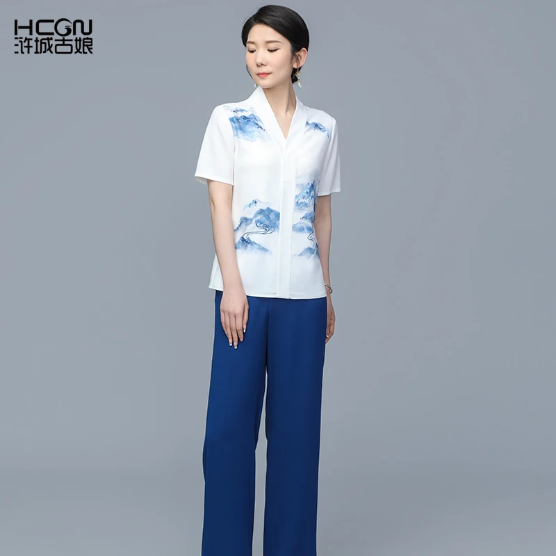 夏季中式时尚清凉舒适女士云山墨戏衬衫套装-BMT18779+BMT19579