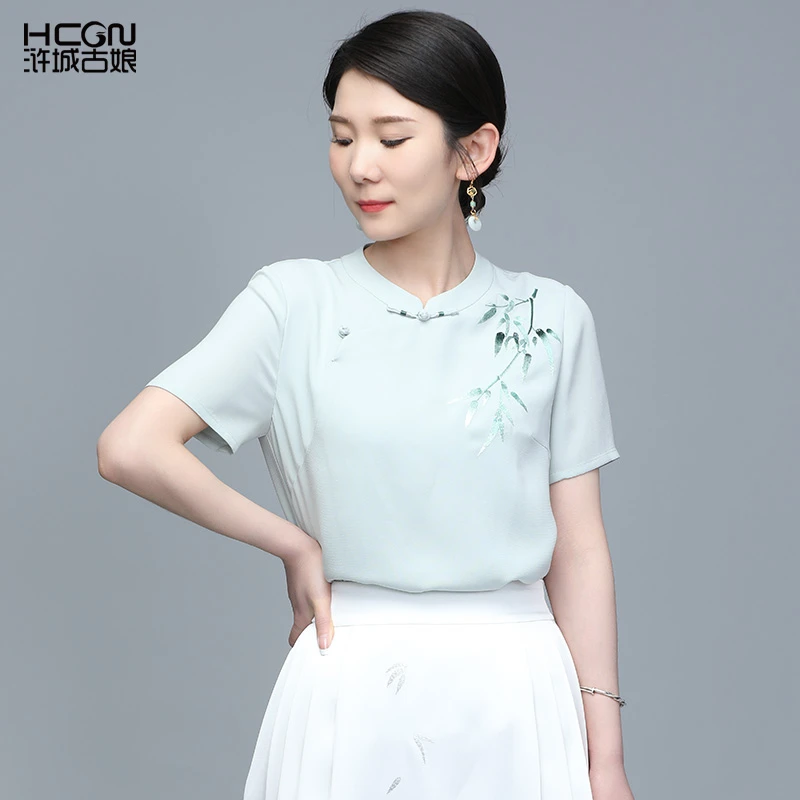 浒城古娘醋酸中式夏季刺绣百搭舒适气质女士竹君中式衬衫BMT18830