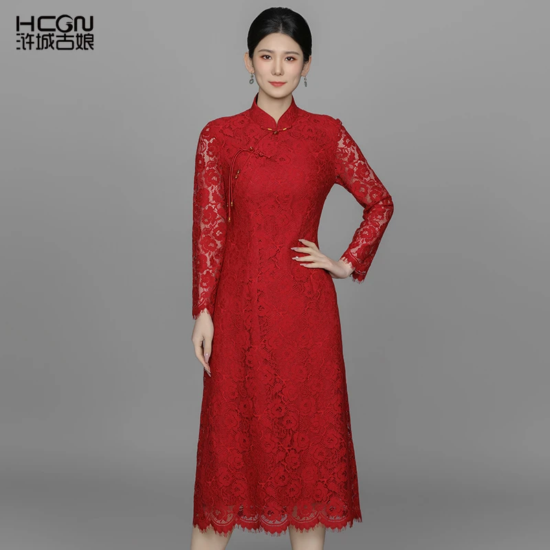hcgn/浒城古娘中国风气质蕾丝手工盘扣瑾年蕾丝连衣裙ACL17907