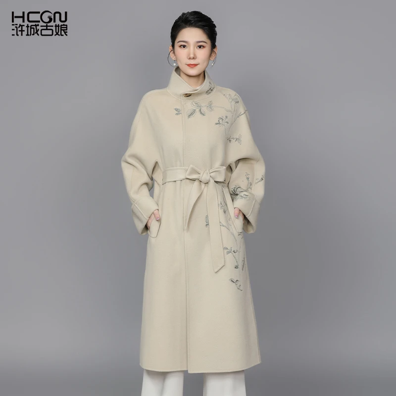 【100绵羊毛】中式刺绣舒适亲肤百搭温柔清绘双面呢大衣DMT11377