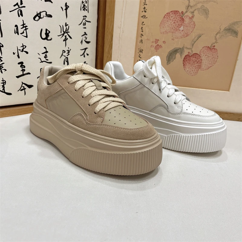 春季休闲运动鞋真皮女百搭时尚小众低帮厚底增高板鞋-YF1009-001
