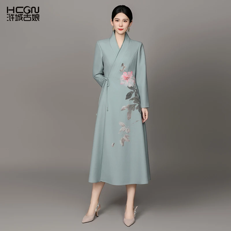 【绵羊毛】春秋国风系带交领女气质优雅吉祥富贵印花连衣裙ACL11520