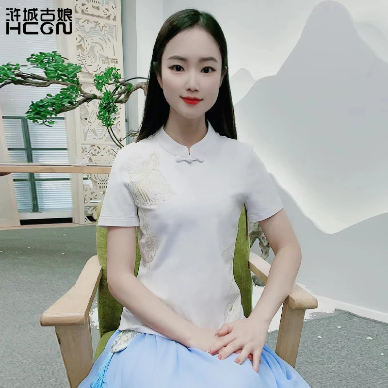 浒城古娘中式国风夏季绣花修身立领时尚气质祥凤短袖T恤-22B18366