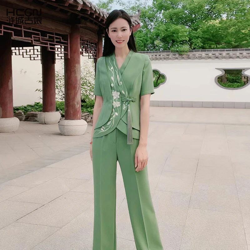 浒城古娘中式国风刺绣漪兰香套装上衣+裤子-22B18339+22B19306