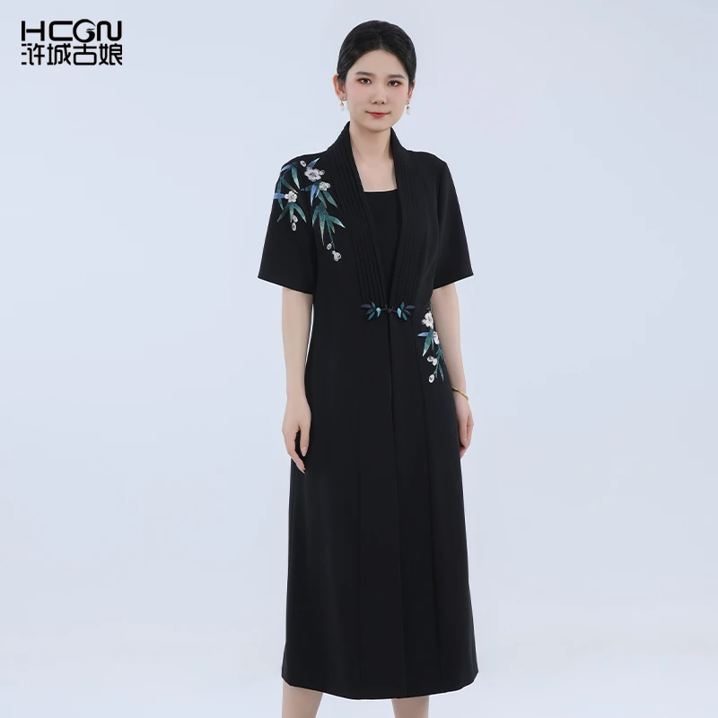 夏季国风精致刺绣优雅修身显瘦百搭时尚长款梅竹双清战袍BCL11559