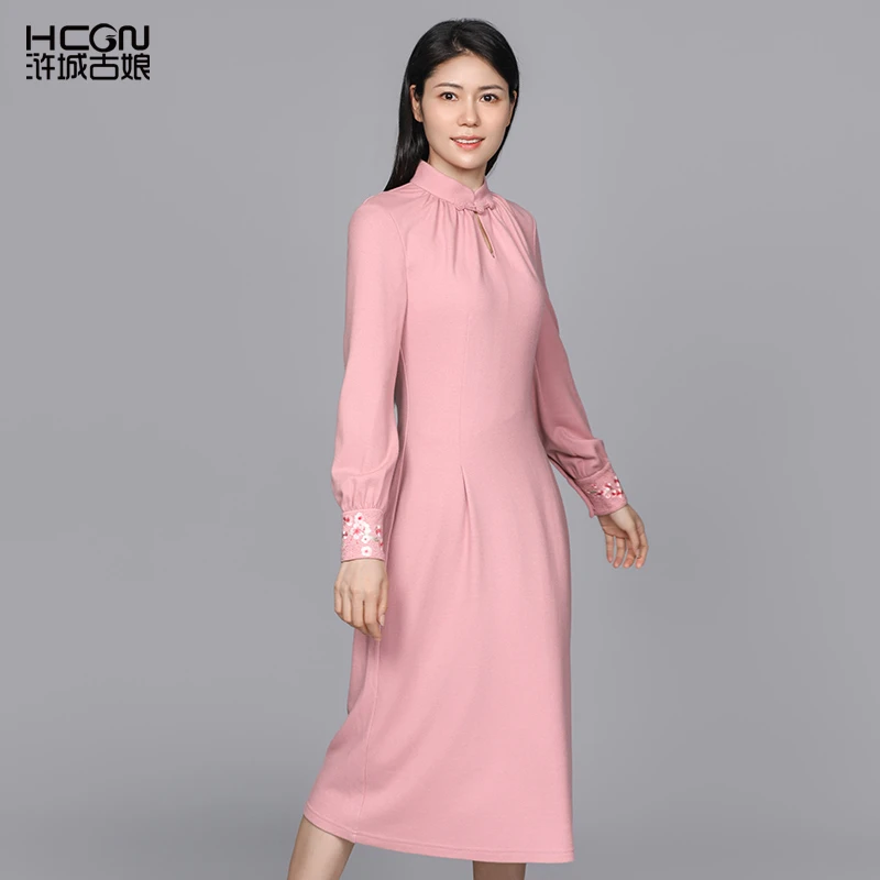 浒城古娘中式中国风绵羊毛刺绣显瘦香韵梅花女士连衣裙-22D17515