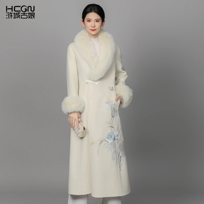 【山羊绒绵羊毛】中国风中长款保暖气质刺绣清风双面呢大衣DMT11502