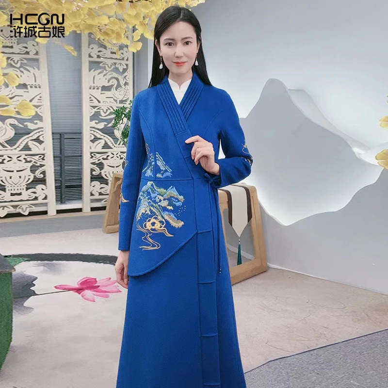 浒城古娘中式秋冬国风刺绣时尚长袖V领女山海双面大衣-22D11216