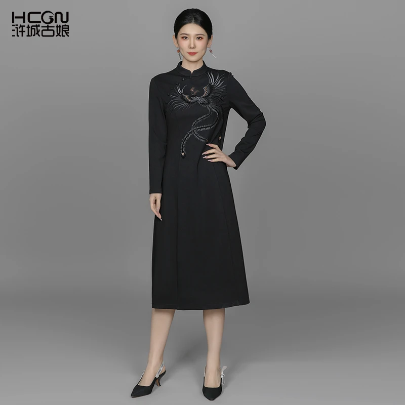 中国风刺绣长袖立领新中式收腰显瘦通勤金凤轻舞连衣裙ACL17927