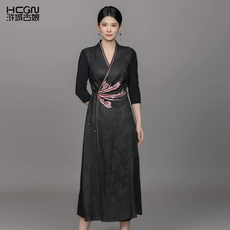 浒城古娘中式国风桑蚕丝气质时尚高贵繁华香云纱连衣裙-22B11165