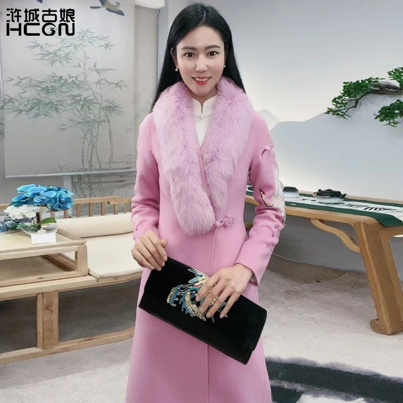 羊毛国风女精致飞鹤刺绣优雅贵气修身V领松鹤双面呢大衣-22D11267