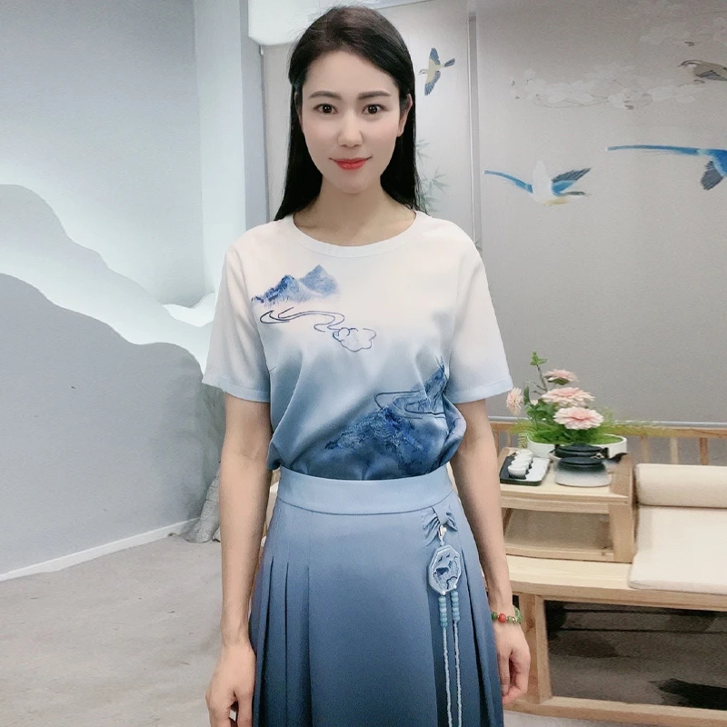 醋酸夏中式印花山水简约时尚百搭通勤宽松女语岚上衣T恤BMT18809