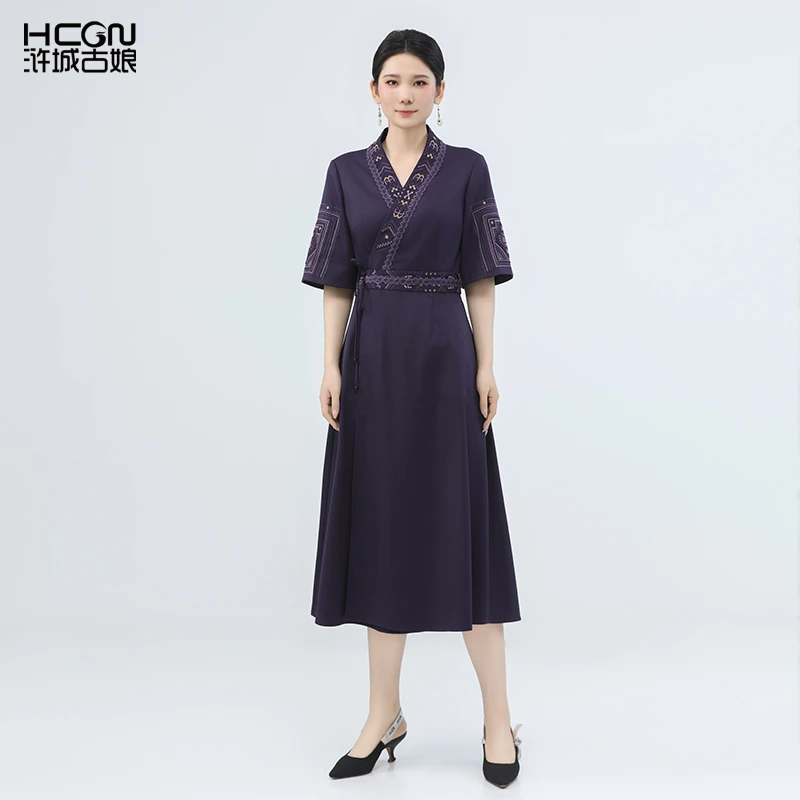 绵羊毛中式夏季显瘦气质刺绣花女收腰系带通勤羽桐连衣裙BCL11560