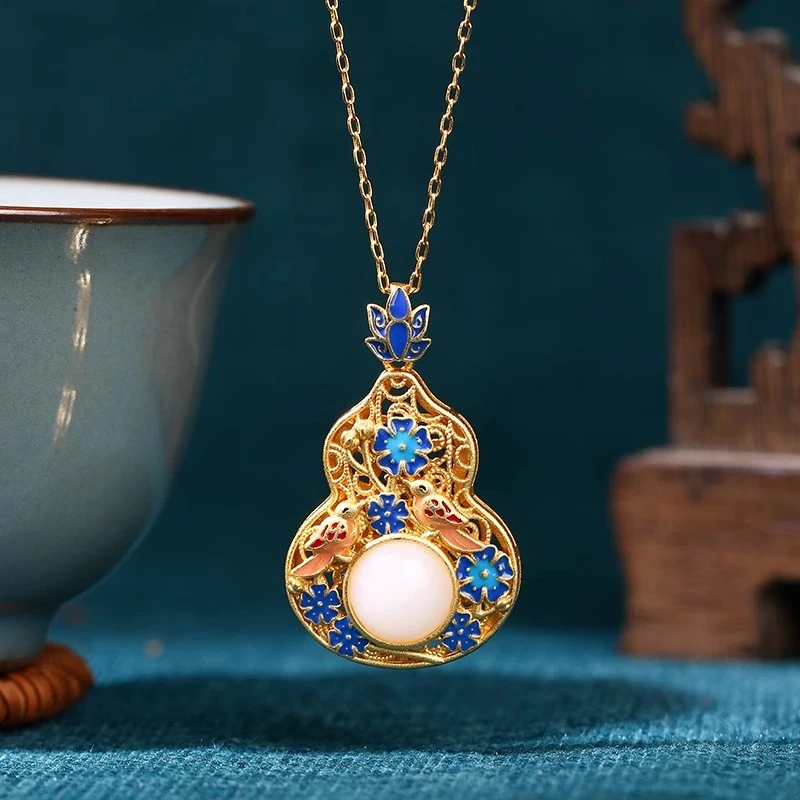 合金布艺项链 国风彩葫芦挂坠饰品百搭女福禄轻奢项链-WX1216269