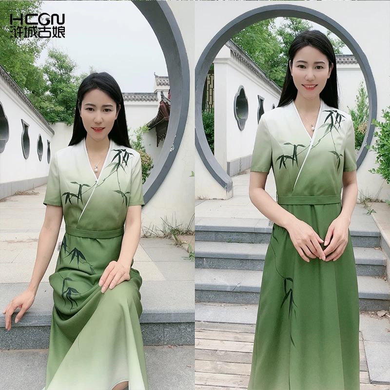 浒城古娘中式渐变竹叶印花V领交襟收腰女气质墨乐连衣裙BMT17708