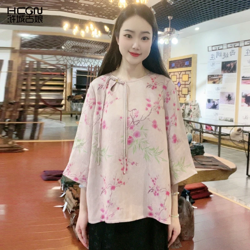 中式时尚印花宽松百搭气质舒适凉爽夏季圆领上衣时尚女装WL033120