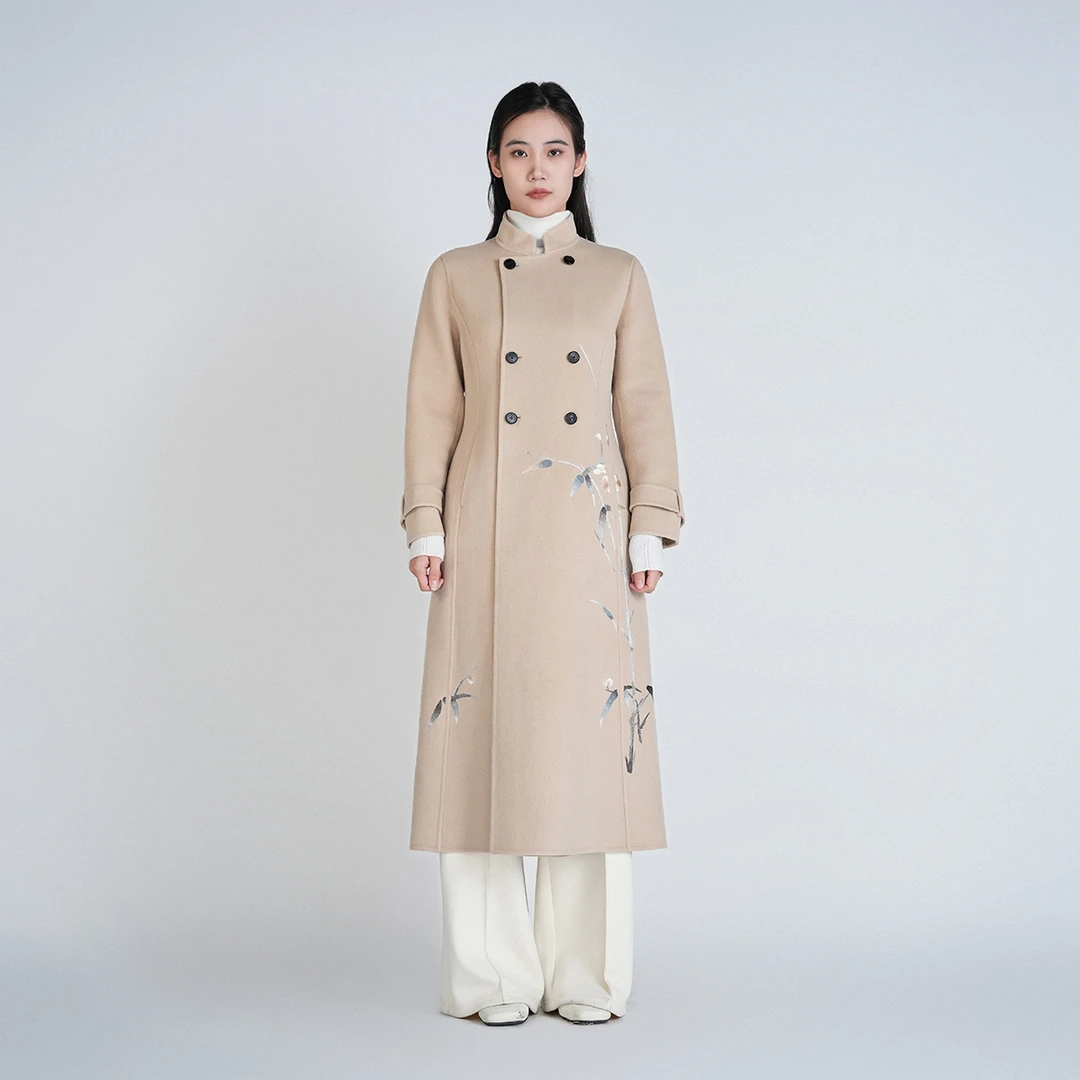 中式绵羊毛立领长款高级雅致刺绣显瘦气质竹影听风大衣CCL11562