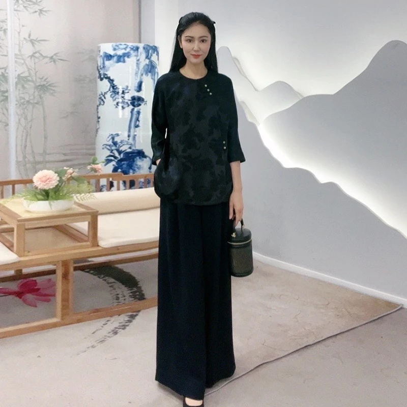 【奢牌醋酸】国风黑色百搭舒适显瘦高腰长裤减龄波影阔腿裤BCL19733