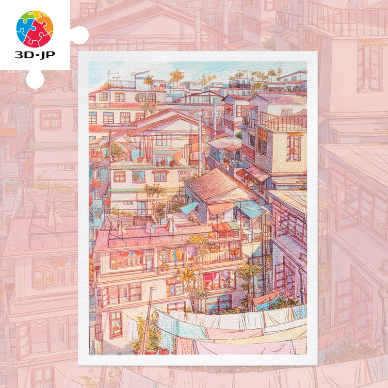 3D-JP治愈系插画1200片平面塑料拼图墙面裱框画旧天台记忆H3098