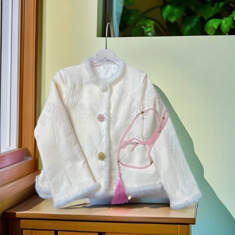 【纯元】富家千金国风气质复古桑蚕丝三色扣秋冬白色上衣加厚外套