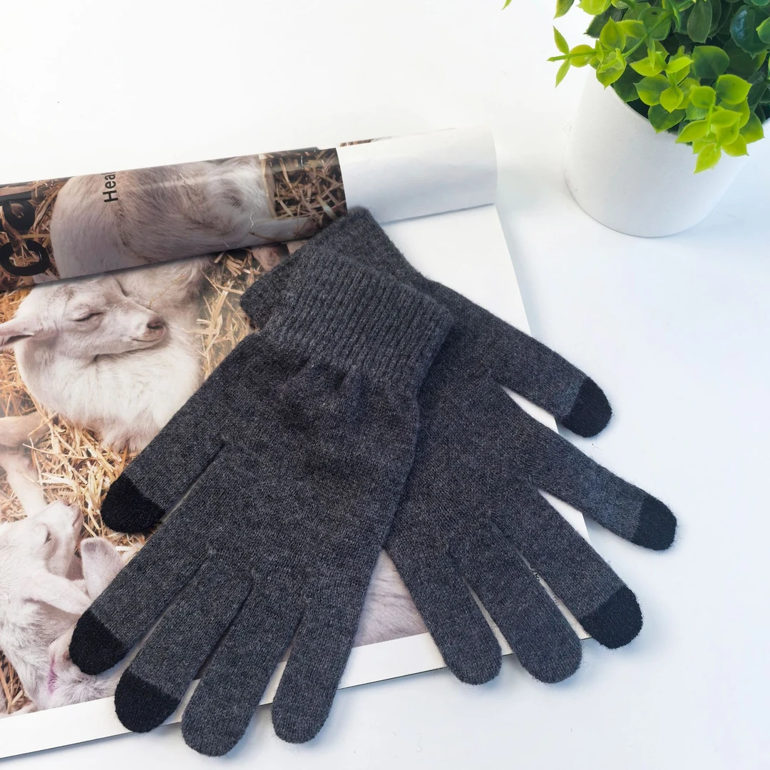 冬季女士羊毛手套分指手套保暖时尚纯色触屏黑色手套