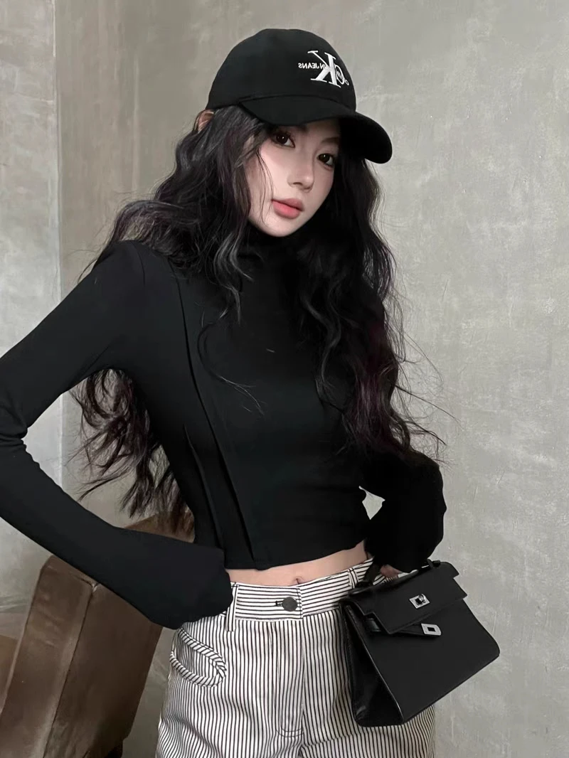 长袖黑色短款修身显瘦辣妹韩版时尚百搭ins秋冬高领内搭打底衫