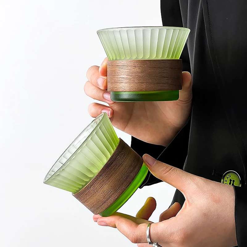 【2个】绿色渐变玻璃杯木套防烫高级感咖啡杯小众冷饮条纹杯子ins风